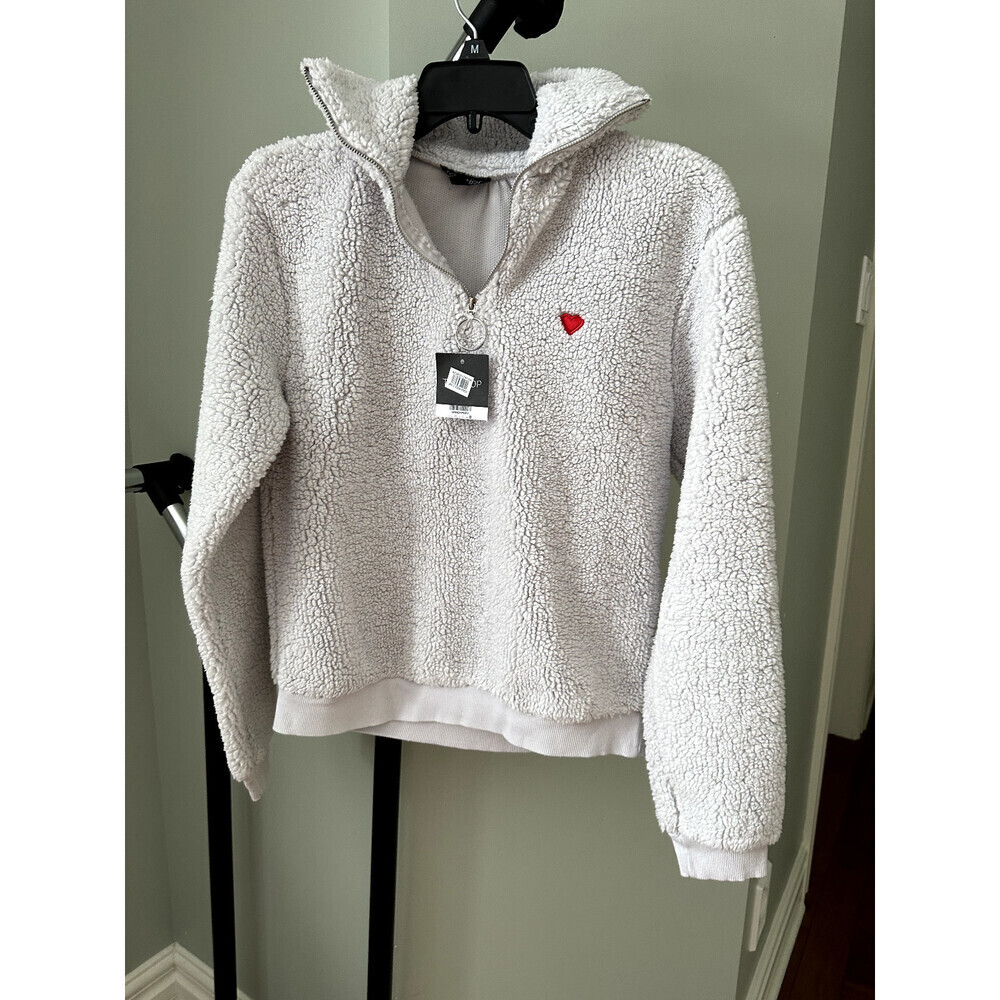 Topshop Women'sFleece Quarter Zip Pullover In Grey With Embroidered Heart Size 4